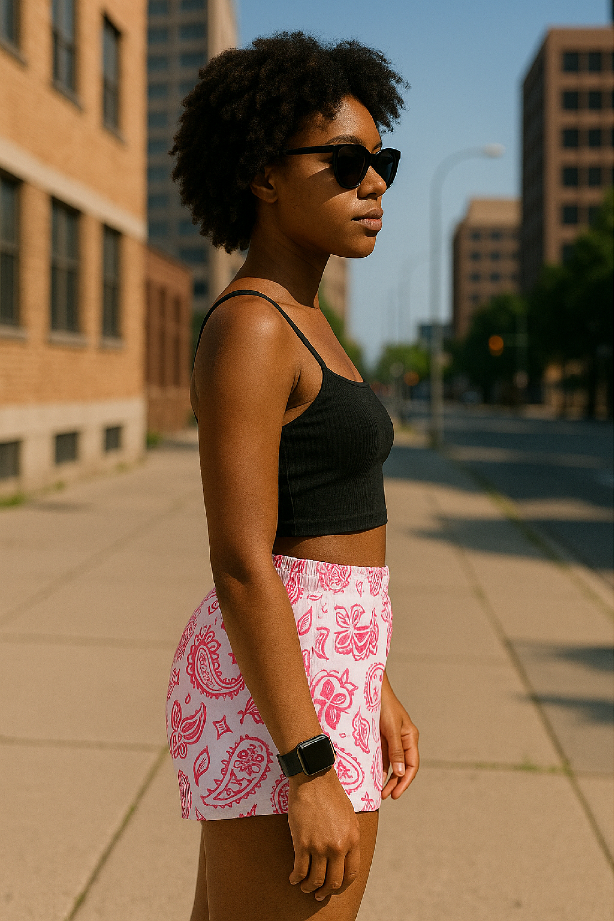 Woman on city sidewalk wearing RF-Wear Women's Paisley Shorts - White/Fuchsia - Side View