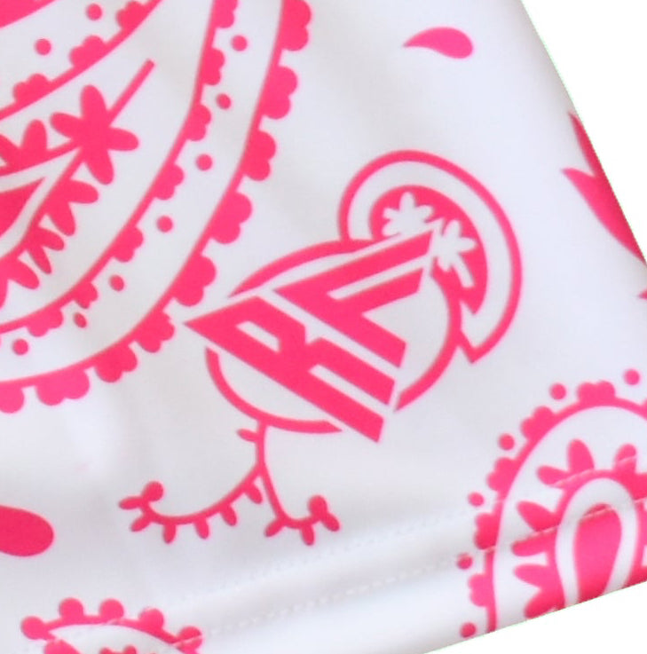 Close-up of women's paisley shorts in white/pink with RF logo