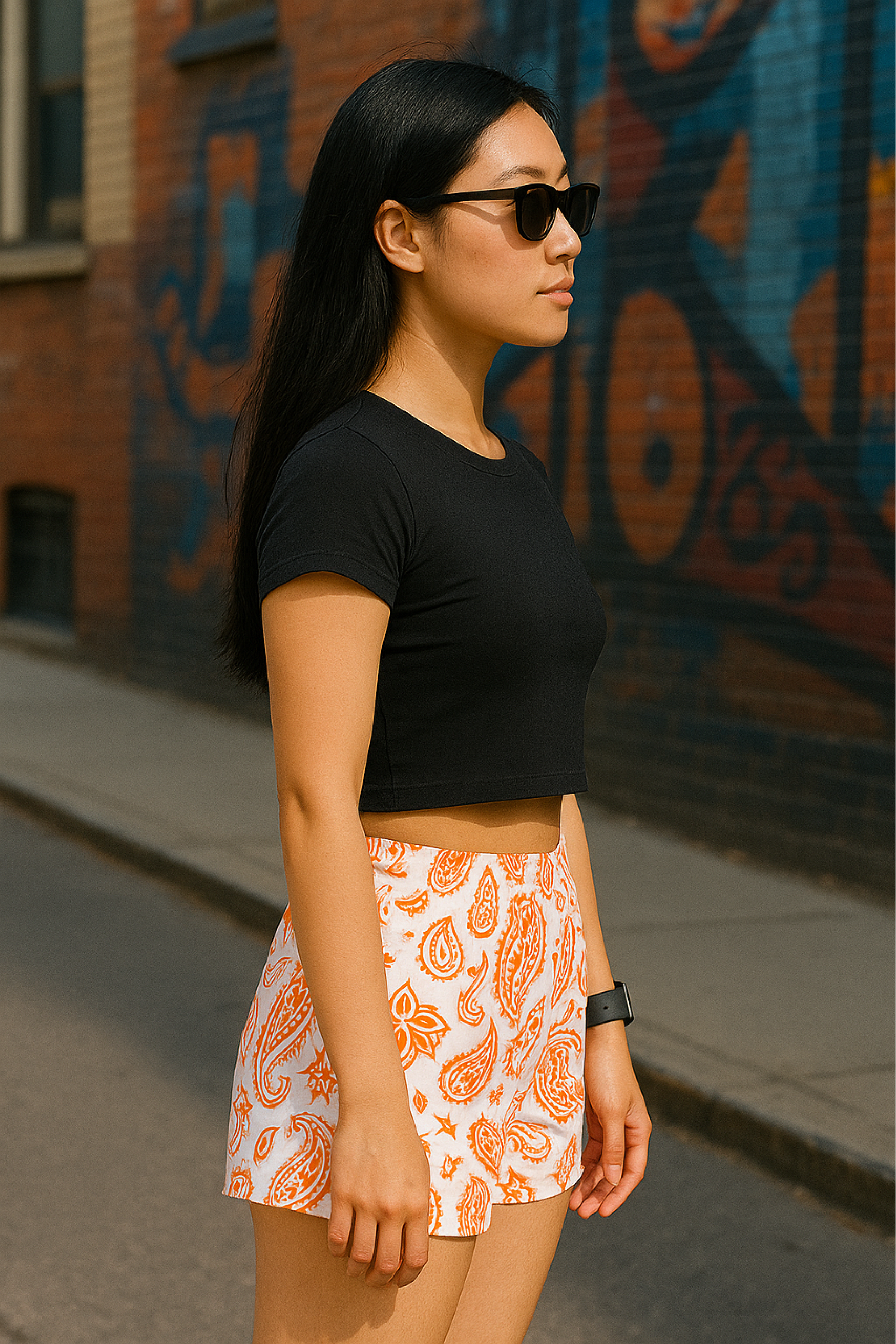 Woman wearing a black crop top and RF-Wear white/orange paisley shorts standing in front of a graffiti-covered wall.