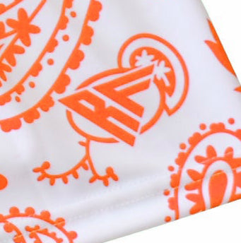 Close-up of RF-Wear Women's Paisley Shorts - White/Orange with RF logo