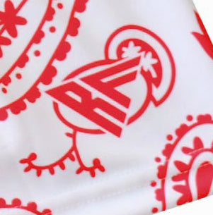 Close-up of RF-Wear Women's Paisley Shorts - White/Red with RF logo