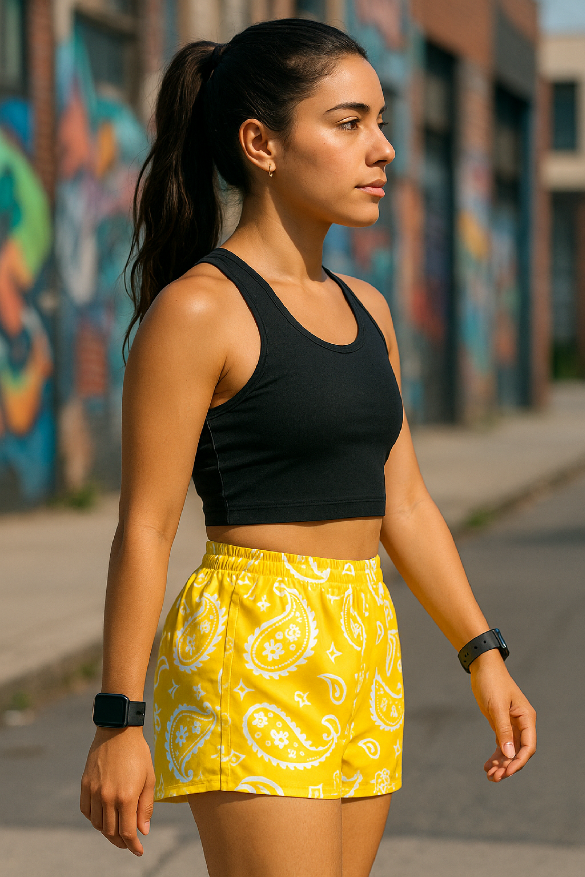 Woman standing on city side walk wearing RF-Wear Women's Paisley Shorts - Yellow/White - Side View