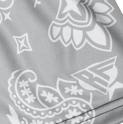 Close-up of RF-Wear Women's Split Paisley Shorts in Black/Silver with RF logo