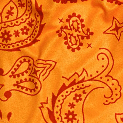 Close-up of RF-Wear Women's Split Paisley Shorts in Red/Gold