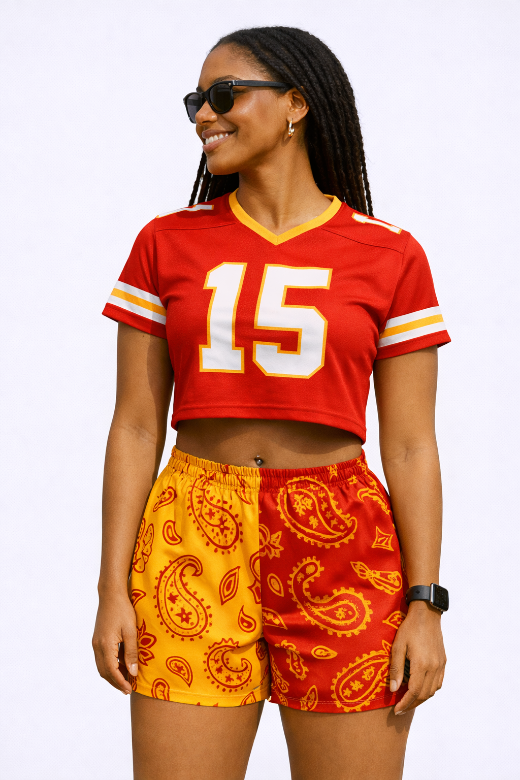 Woman wearing a cropped football jersey and RF-Wear Women's Split Paisley Shorts in Red/Gold