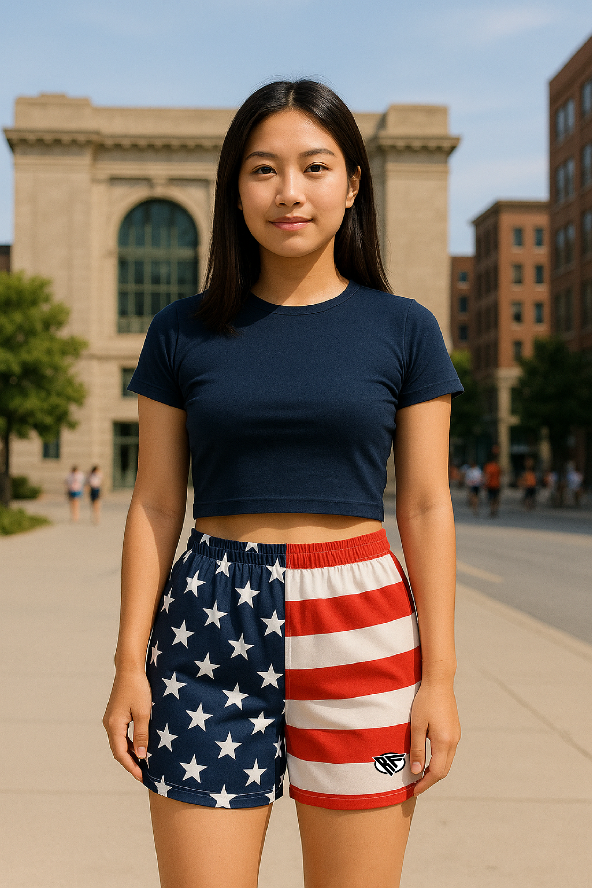 RF Wear Women's Patriotic Flag Shorts - Red/White/Blue  - Model Front View