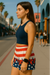 RF Wear Women's Patriotic Flame Shorts - Red/White/Blue - Model Side View