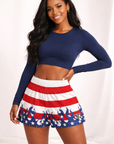 Woman wearing RF-Wear Women's Patriotic Flame Shorts in Red/White/Blue