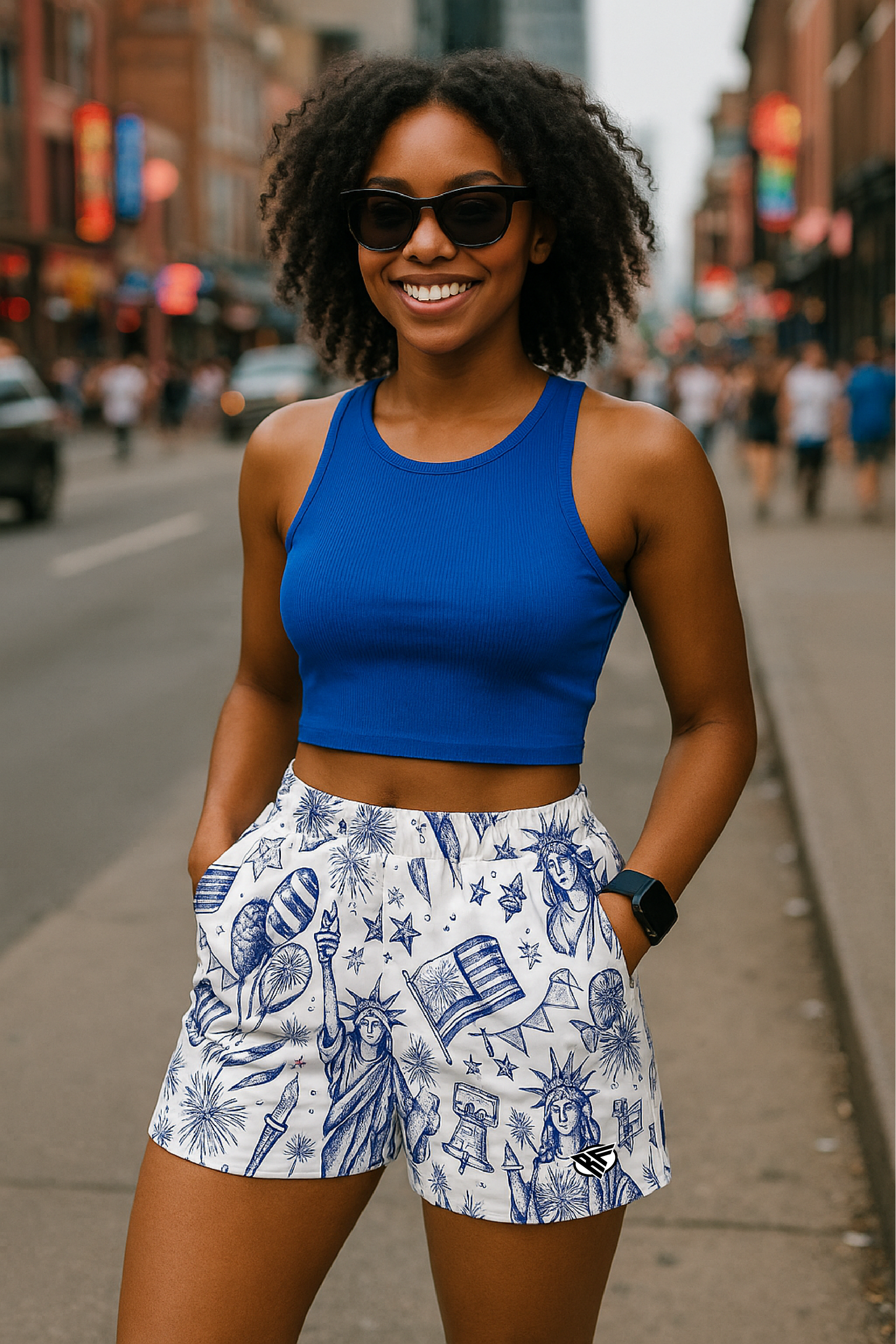 RF Wear Women's Patriotic Porcelain Pocket Shorts - white/blue - Model Front View