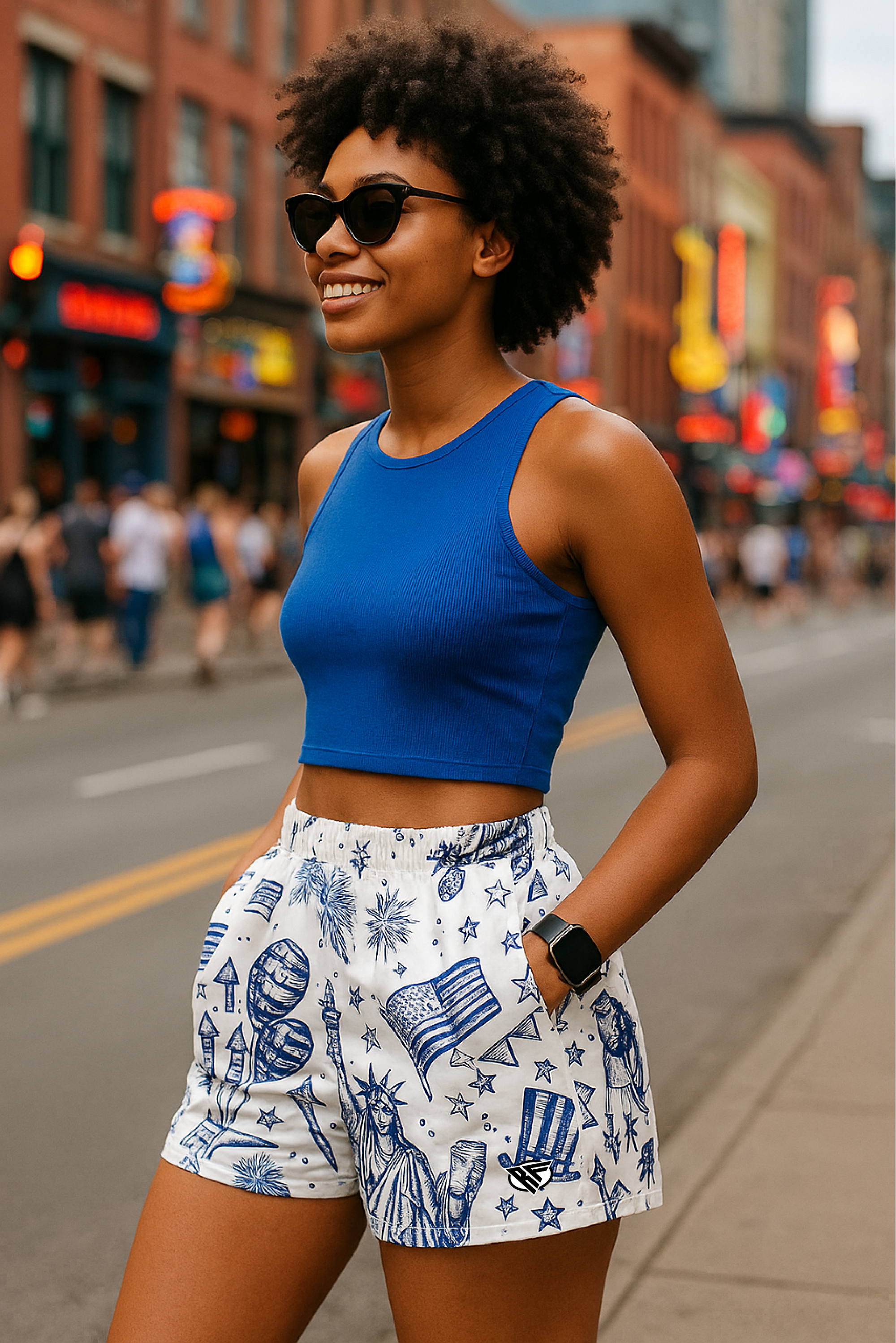 RF Wear Women's Patriotic Porcelain Pocket Shorts - white/blue - Model Side View