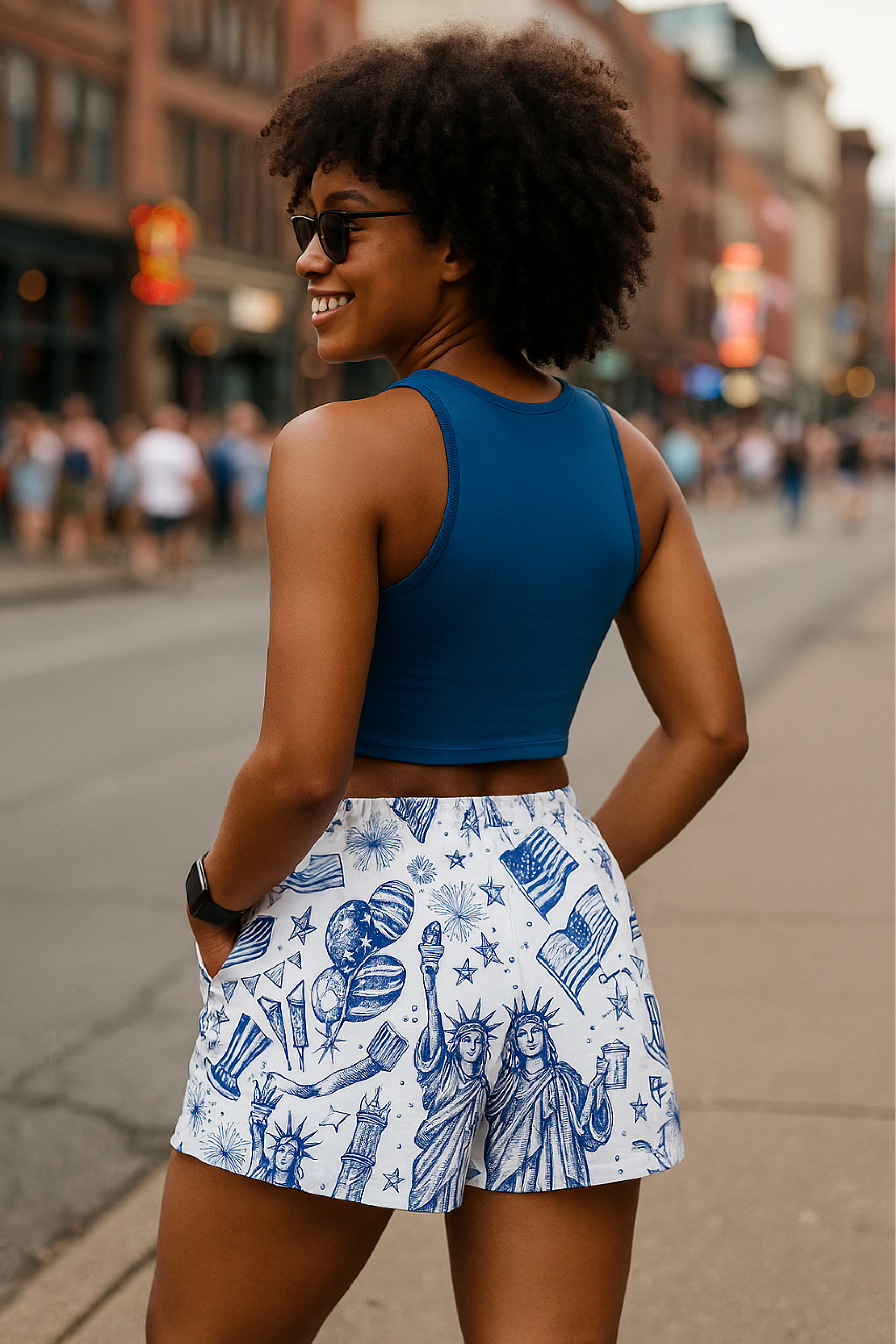 RF Wear Women's Patriotic Porcelain Pocket Shorts - white/blue - Model Back View