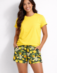 Woman wearing RF-Wear Women's Pocket Shorts in Pineapple Paradise
