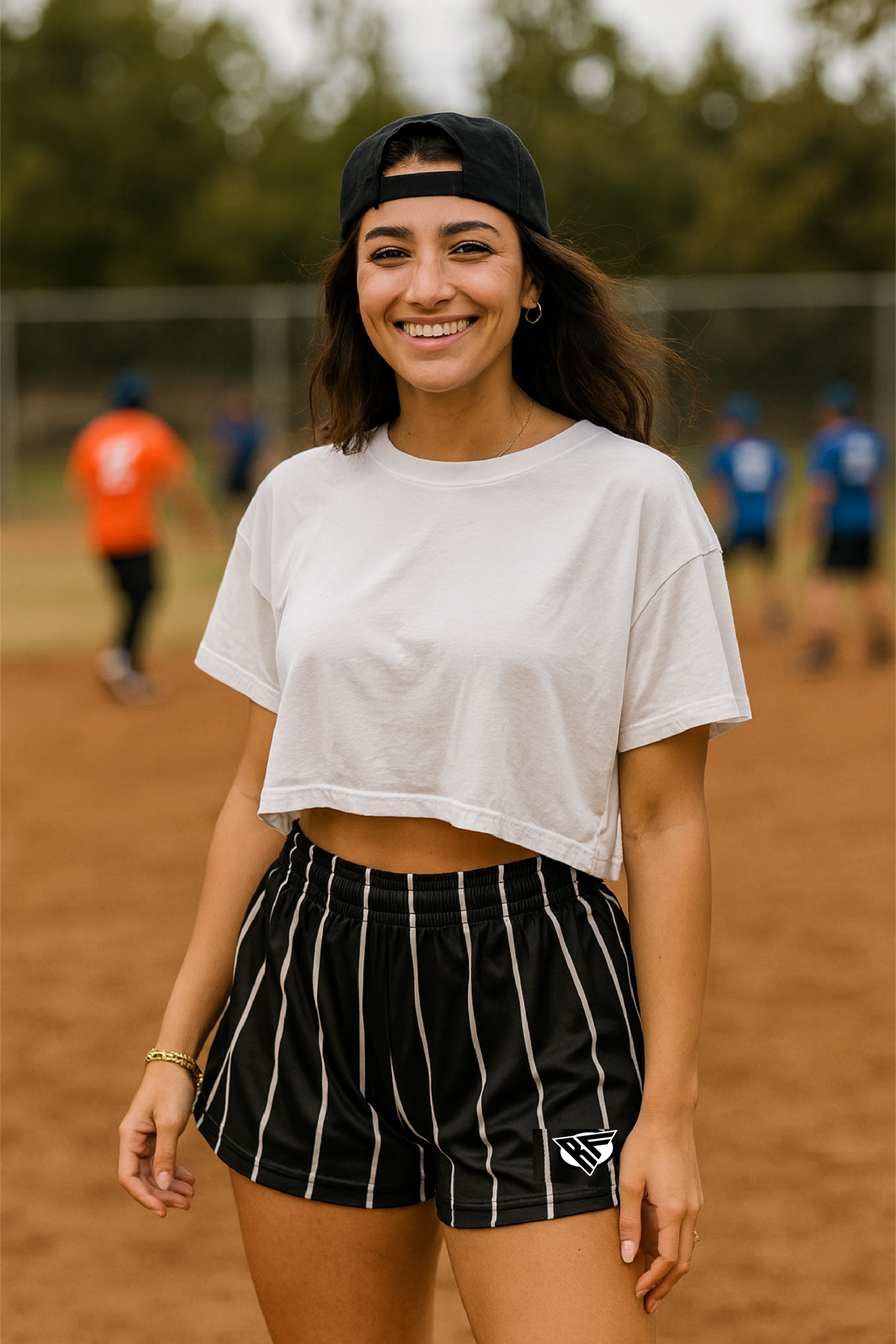 RF Wear Women&#39;s Pinstripe Shorts - Black/White - Model Front View