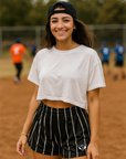 RF Wear Women's Pinstripe Shorts - Black/White - Model Front View