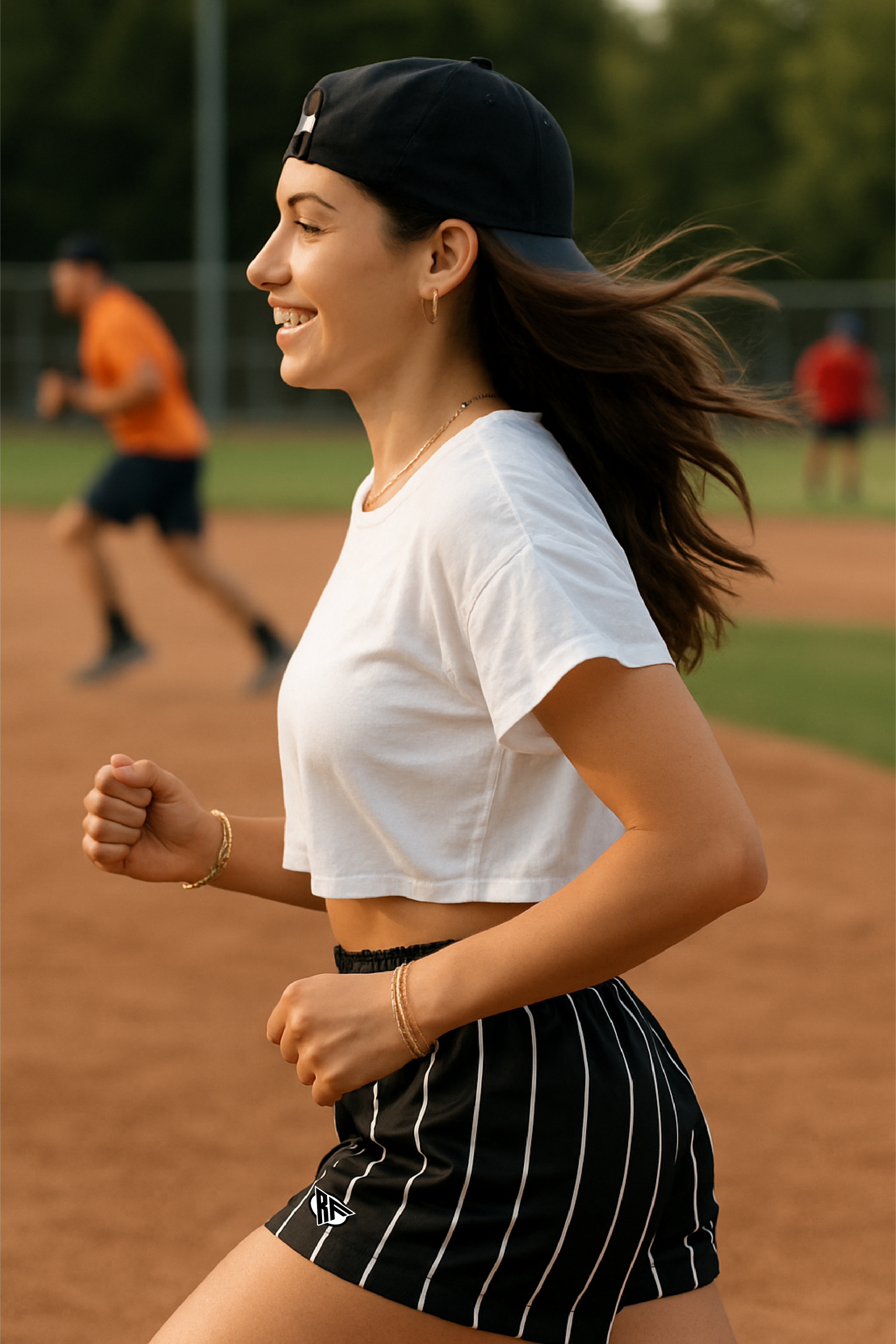 RF Wear Women&#39;s Pinstripe Shorts - Black/White - Model Side View