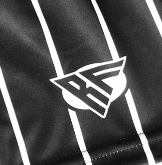 Close-up of RF-Wear Women's Pinstripe Shorts in Black/White with RF logo