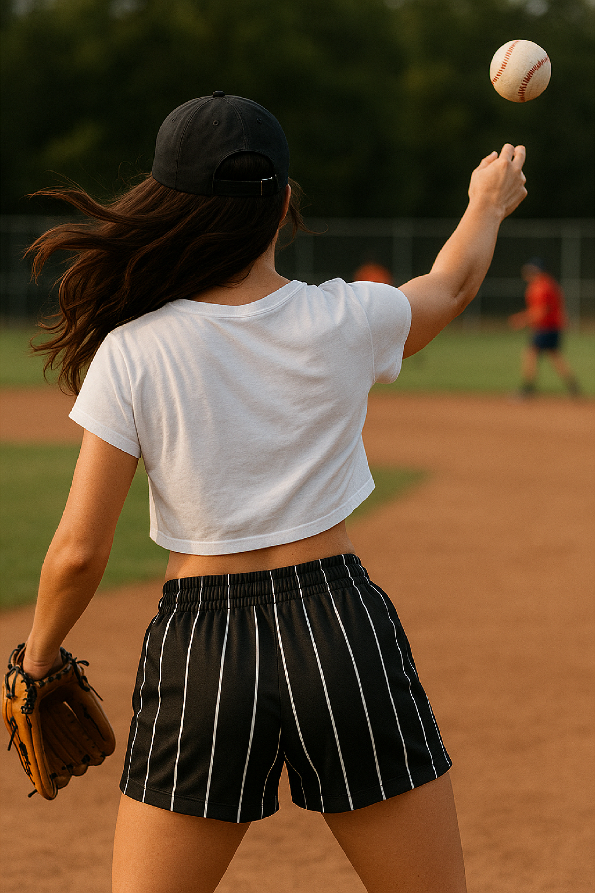RF Wear Women&#39;s Pinstripe Shorts - Black/White - Model Back View