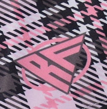 Close-up of RF-Wear Women's Tartan Plaid Shorts in Black/Pink with RF logo