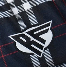 Close-up of RF-Wear Women's Tartan Plaid Shorts  in  Navy/White with RF logo