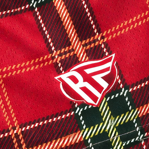 Close-up of RF-Wear Women's Plaid Shorts in Red with RF logo
