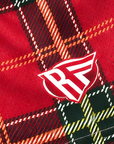 Close-up of RF-Wear Women's Plaid Shorts in Red with RF logo