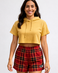 Woman wearing a gold top and RF-Wear Women's Plaid Shorts in Red