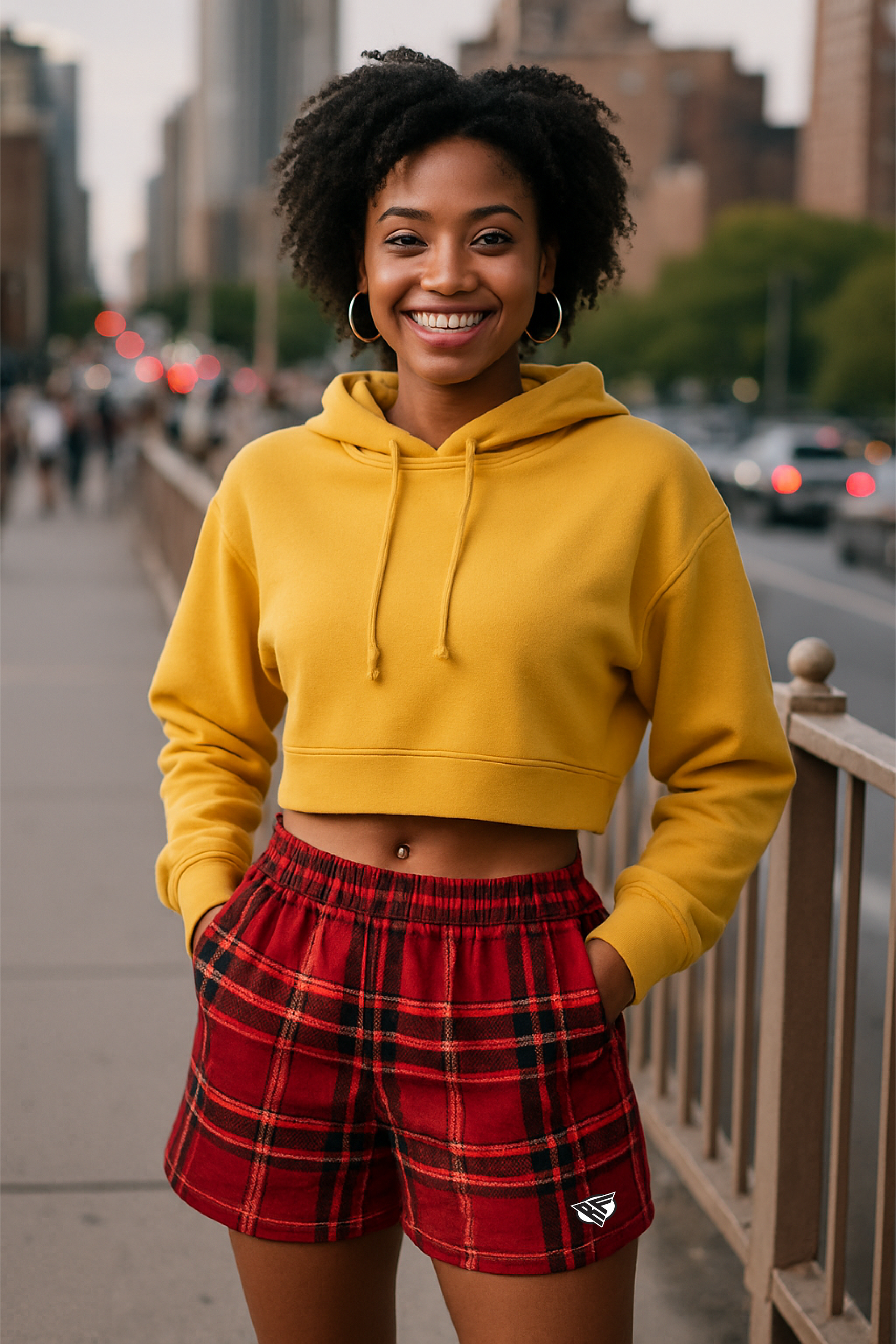 RF Wear Women's Tartan Plaid Pocket Shorts - Red/Gold - Model Front View