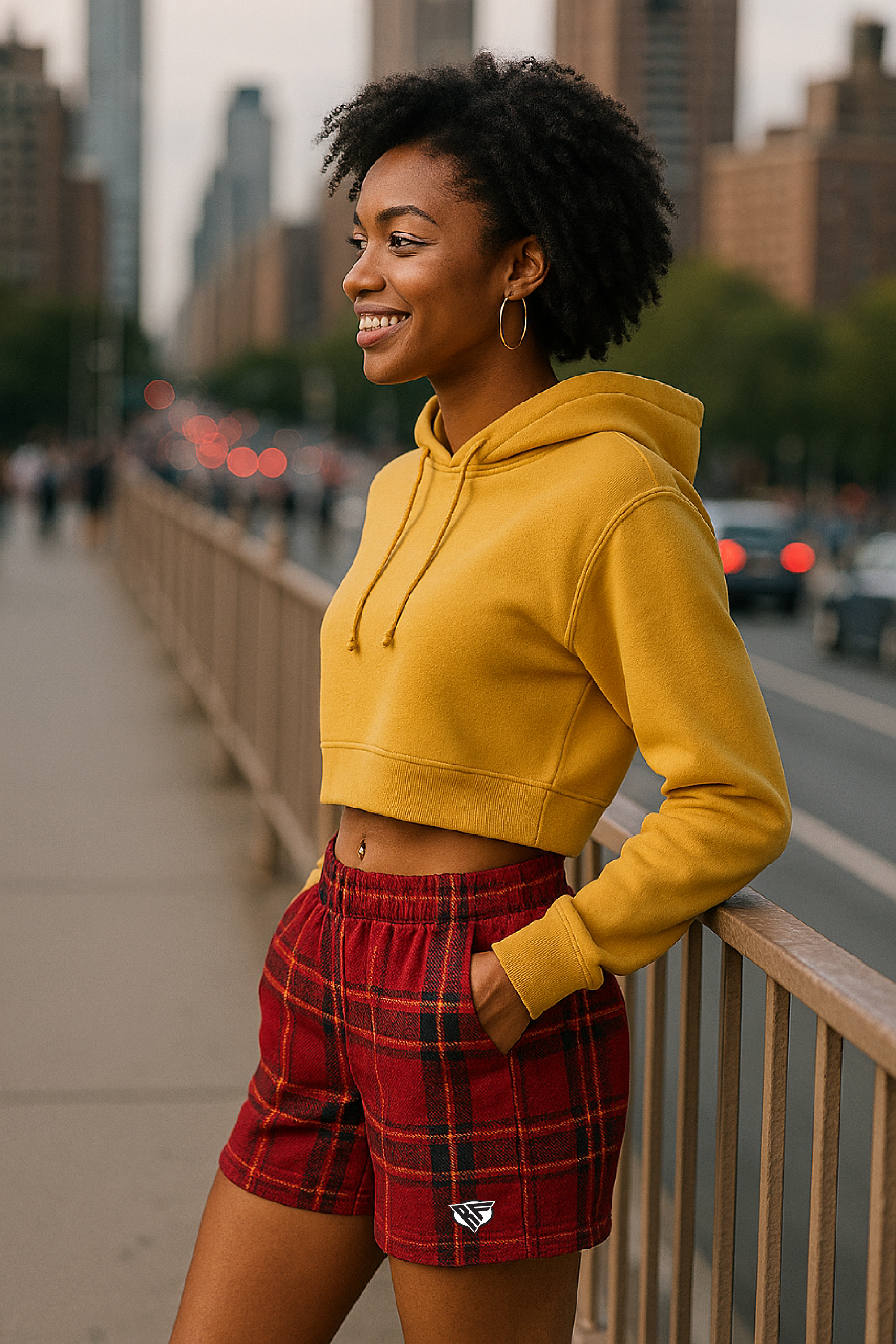 RF Wear Women's Tartan Plaid Pocket Shorts - Red/Gold - Model Side View