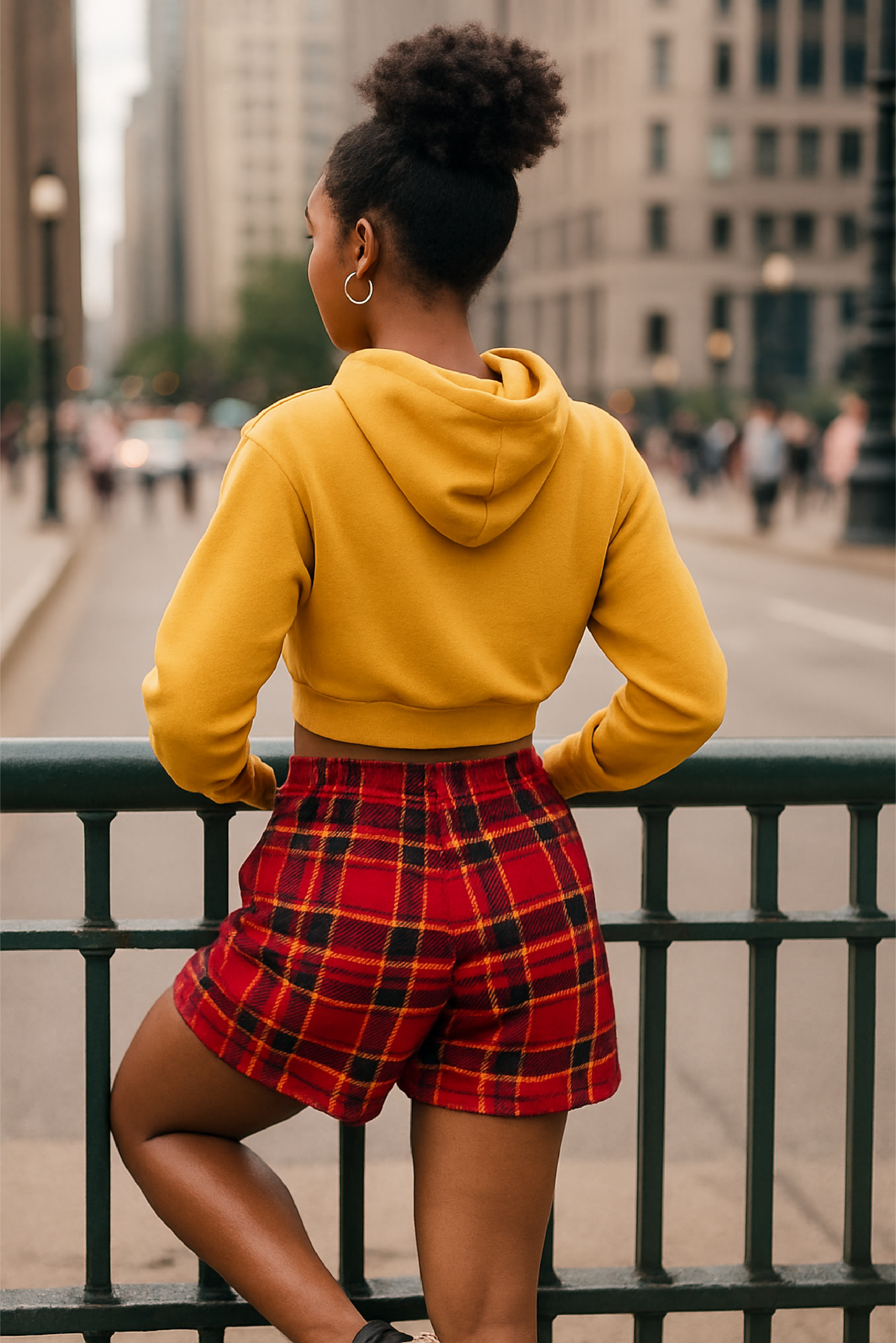 RF Wear Women's Tartan Plaid Pocket Shorts - Red/Gold - Model Back View