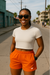 RF Wear Women's Solid Color Pocket Shorts - Orange - Model Front View