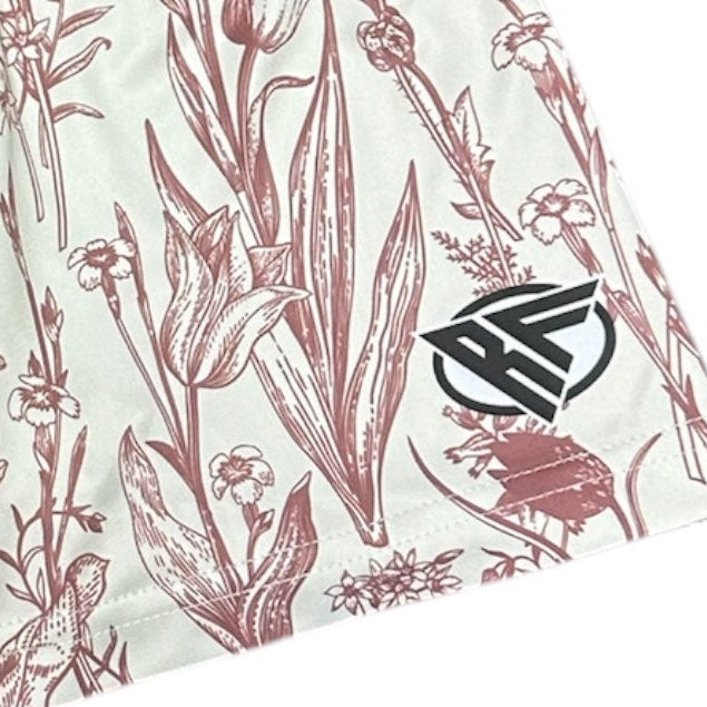 Close-up of RF-Wear Womens Porcelain Shorts in Rose/Cream with RF logo