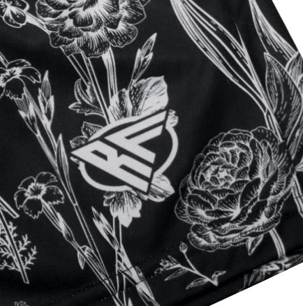 Close-up of RF-Wear women's porcelain shorts in Black/Grey with RF logo