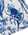 Close-up of RF-Wear Women's Porcelain Shorts in White/Blue with RF logo