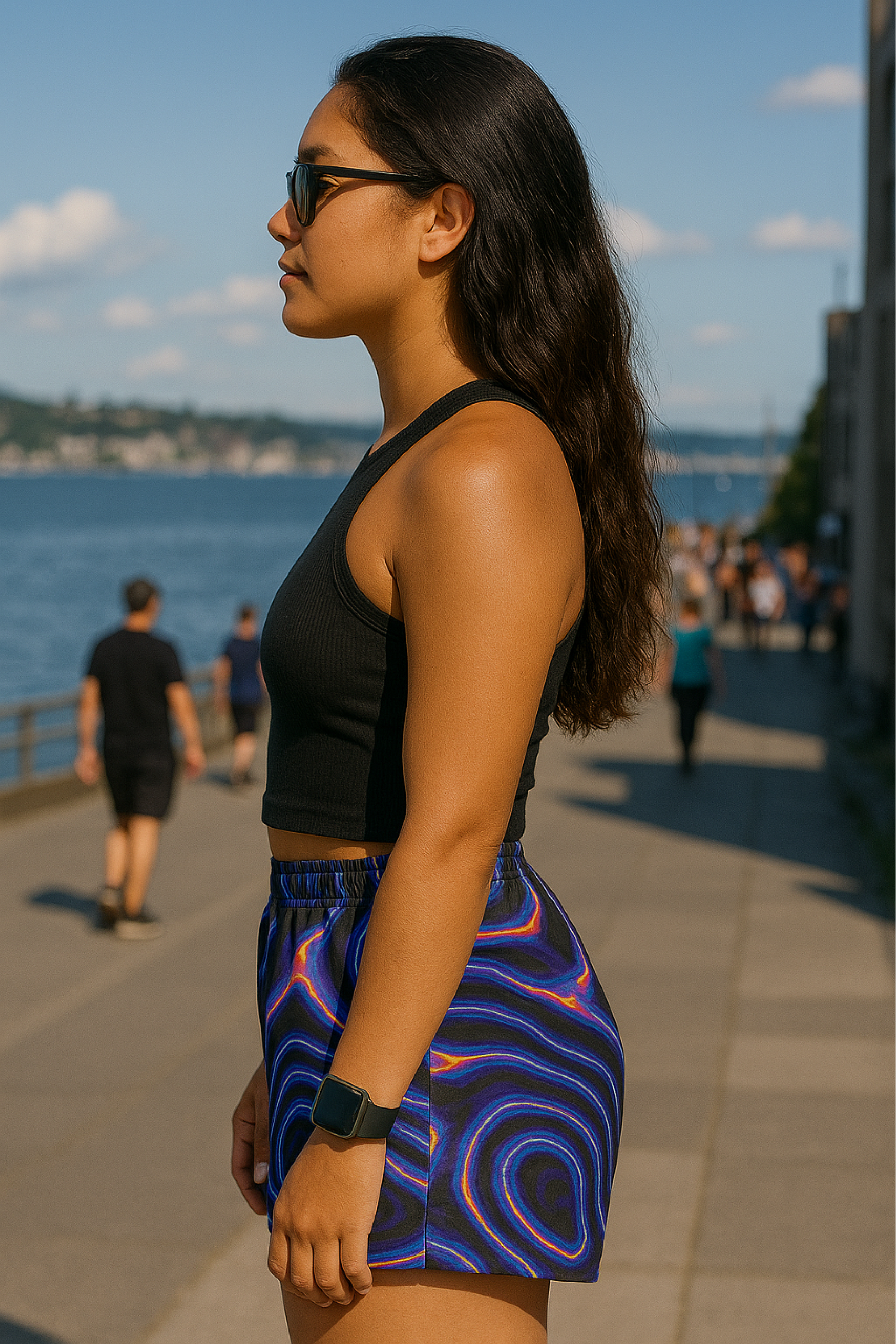 RF Wear Women&#39;s Psychedelic Shorts - Black/Multicolor - Model Side View