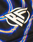 Close-up of RF-Wear Women's Psychedelic Shorts in Black/Multicolors with RF logo