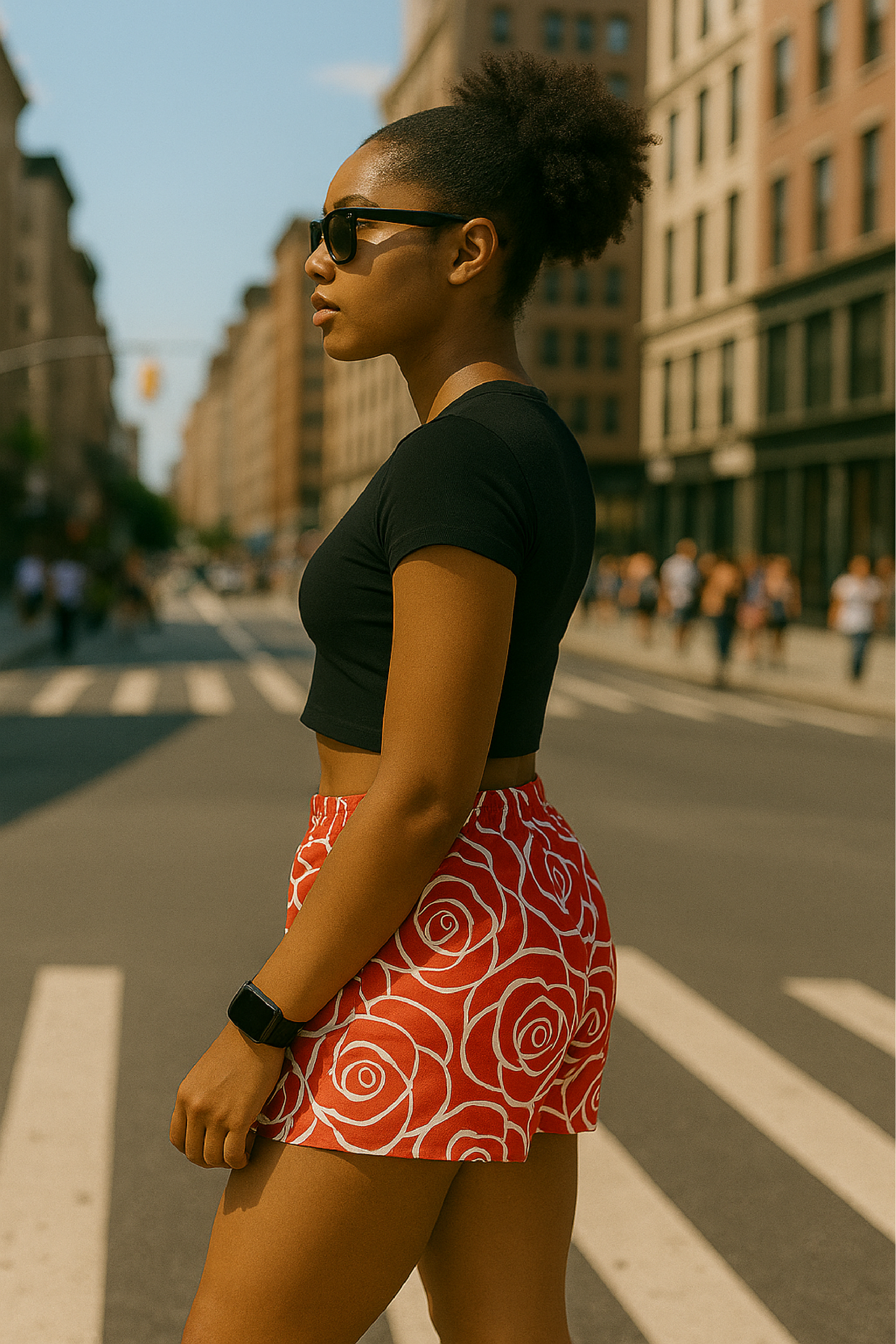 Woman in black top and RF-Wear women's rose shorts in red/white standing on a city street.