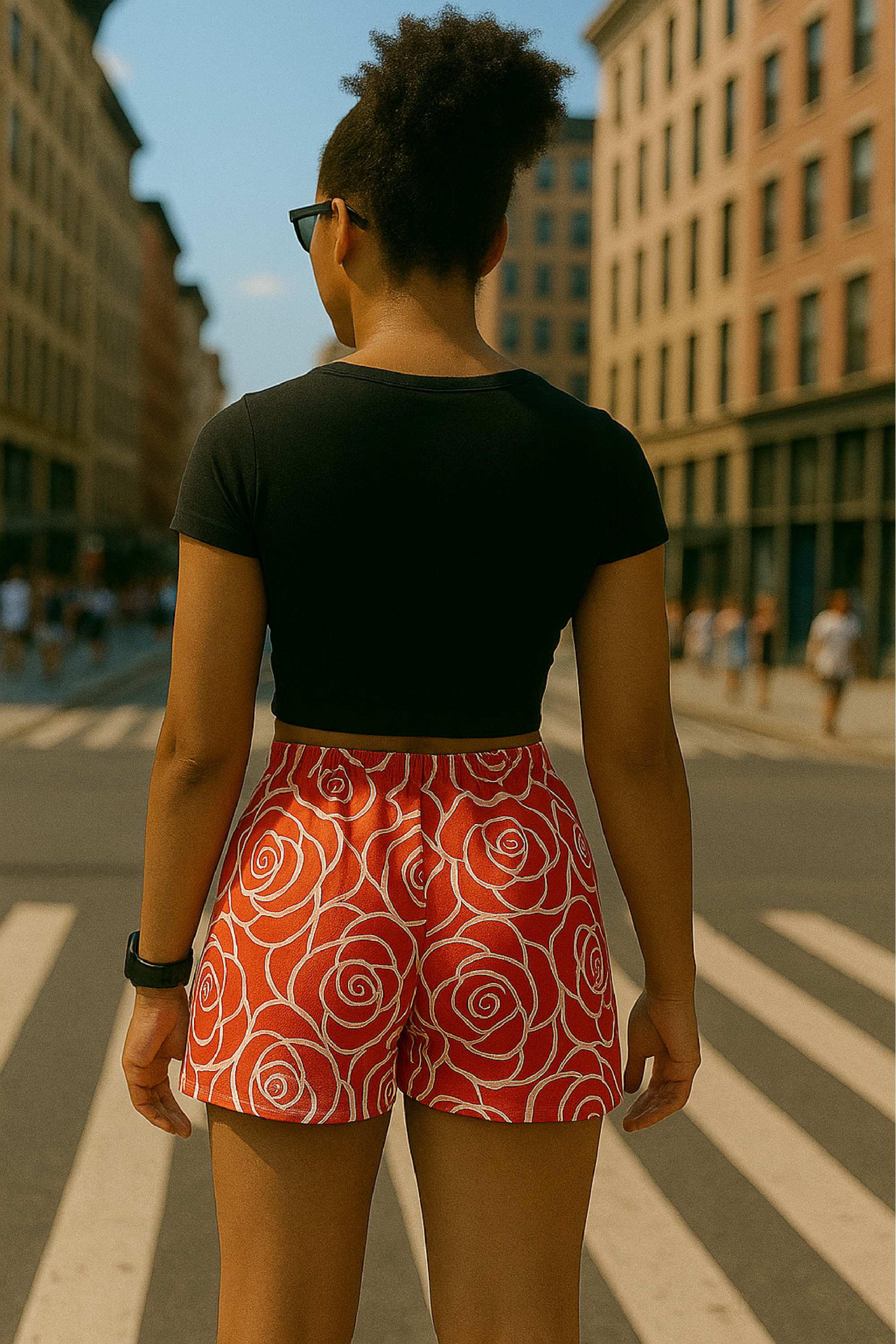 Woman in black top and RF-Wear women's red/white rose shorts standing on a city street. 