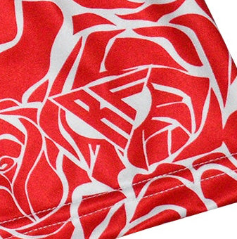 Close-up of RF-Wear Women's Rose Shorts in Red/White with RF logo