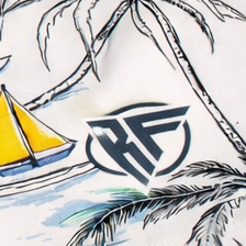 Close-up of RF-Wear Women's Sailboat Shorts in White/Multicolors with RF logo