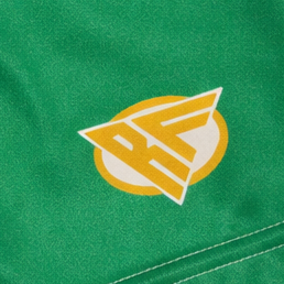Close-up of RF-Wear Women's Shamrock Shorts in Green with RF logo