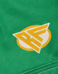 Close-up of RF-Wear Women's Shamrock Shorts in Green with RF logo