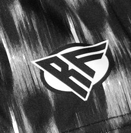 Close-up of RF-Wear Women's Skull Shorts 2.0 in Black/Grey with RF logo