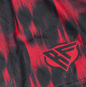 Close-up of RF-Wear Women's Skull Shorts 2.0 in Black/Red with RF logo