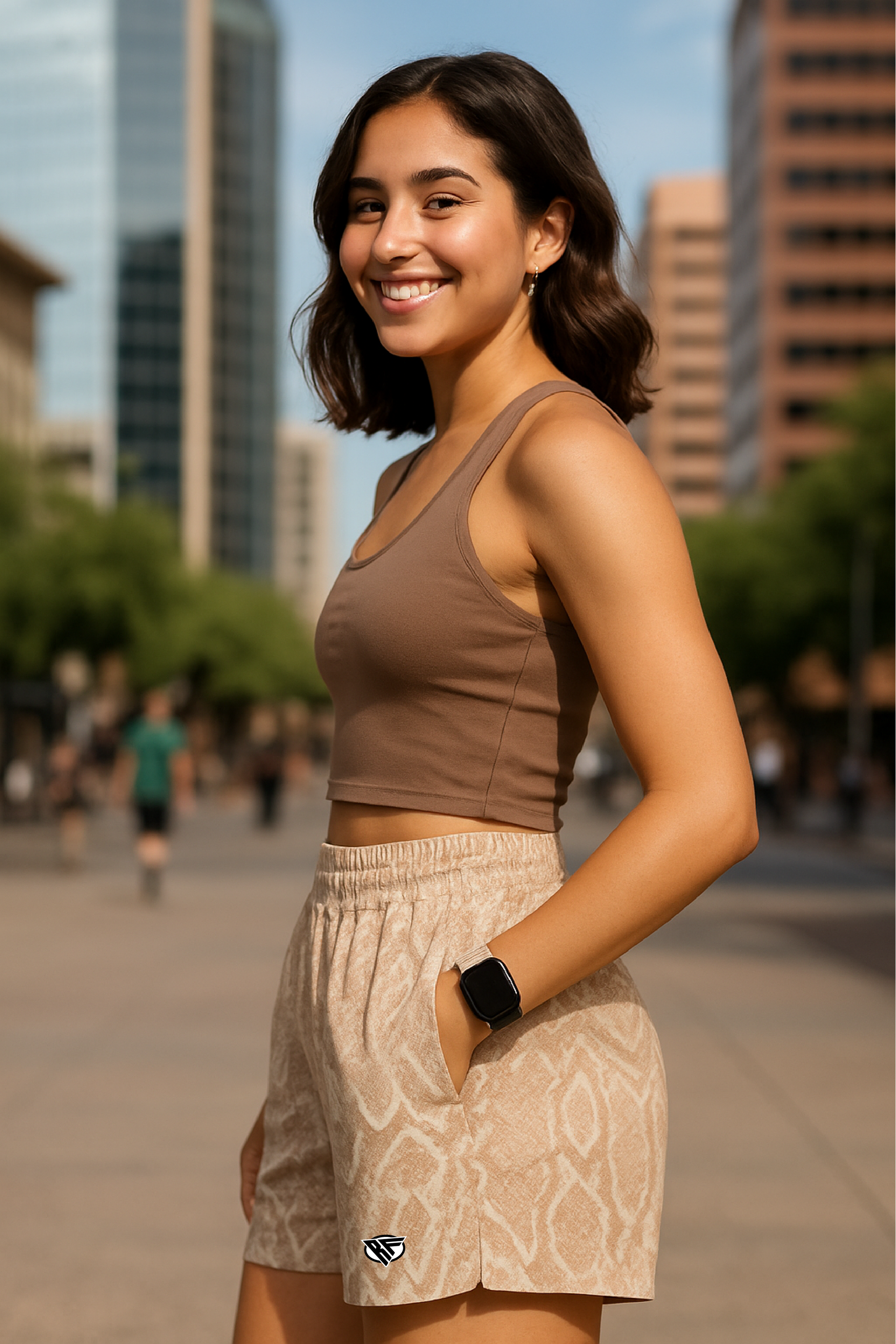 RF Wear Women's Snakeskin Pocket Shorts - Tan - Model Side View