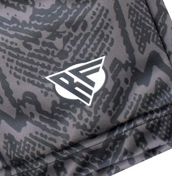 Close-up RF-Wear Women's Black Snakeskin shorts with brand logo