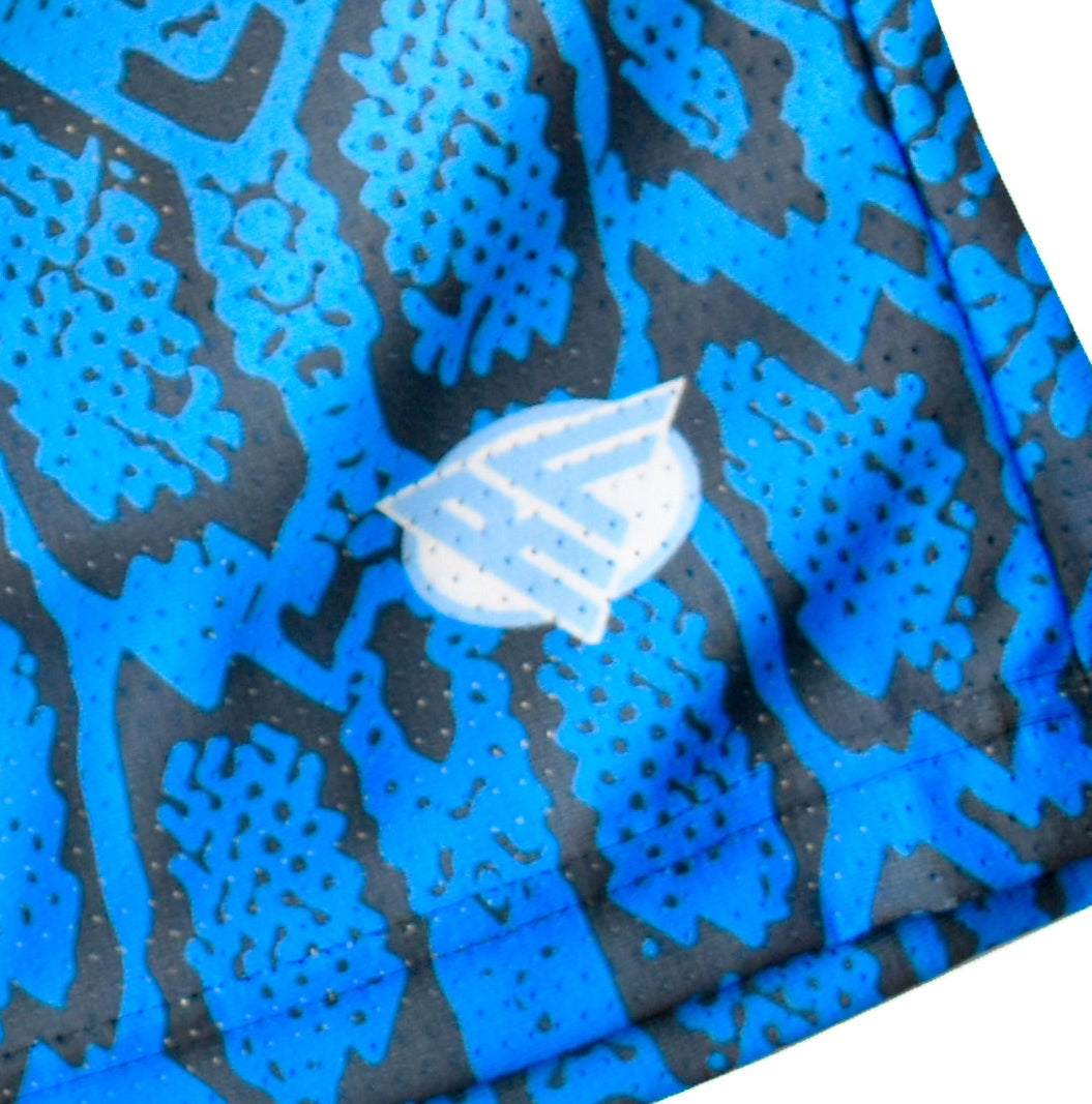 Close-up Women's Blue Snakeskin Shorts with brand logo