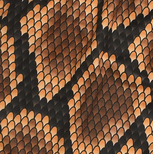 Close-up of a snake skin pattern with brown and black scales.