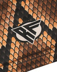 Close-up of a brown snakeskin patten with a brand logo 