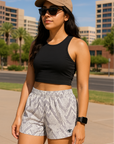 Women wearing RF-Wear Women's Snakeskin Shorts in Cream/Grey -  Front View
