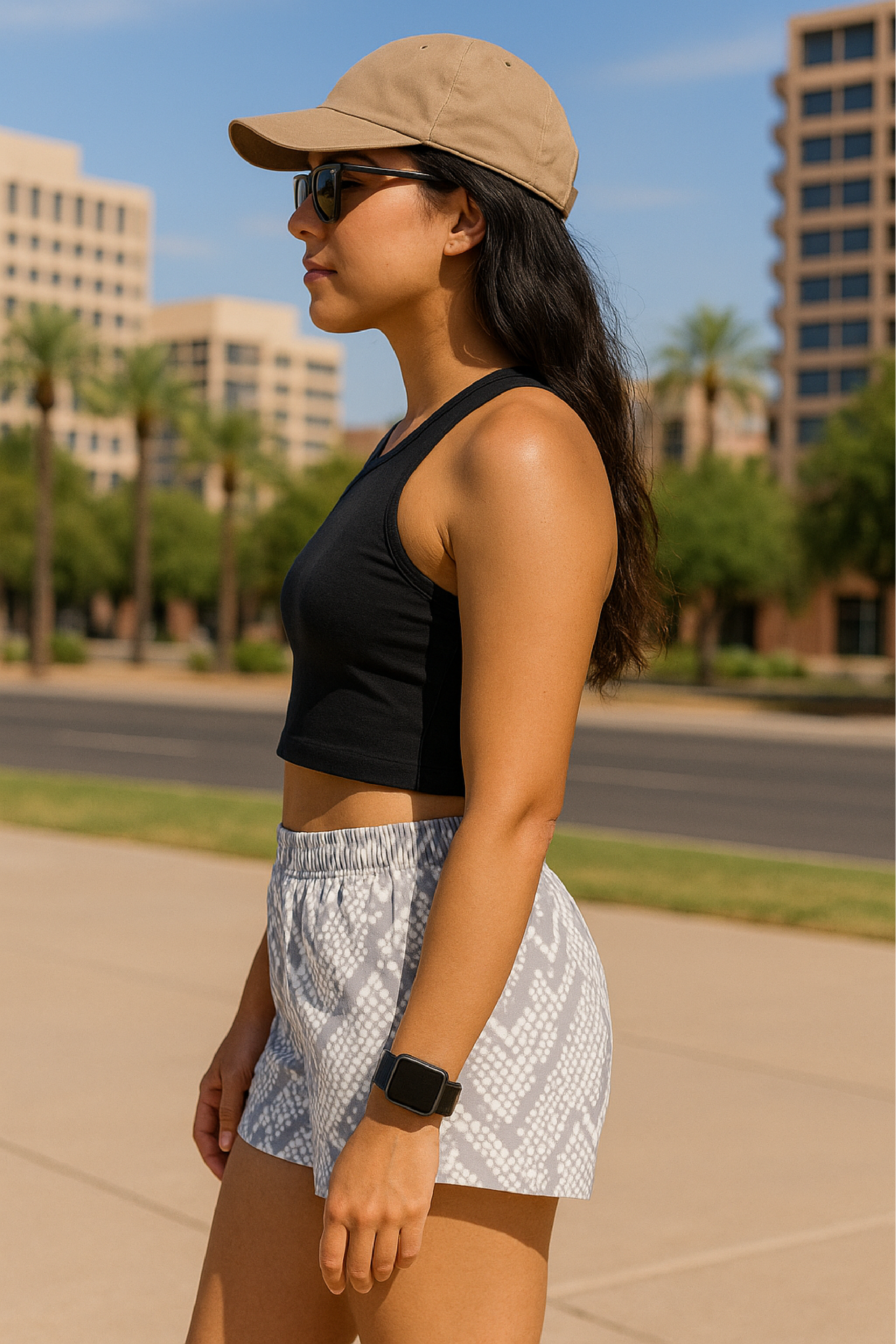 Woman wearing RF-Wear Women's Snakeskin Shorts - Cream/Grey - Side View